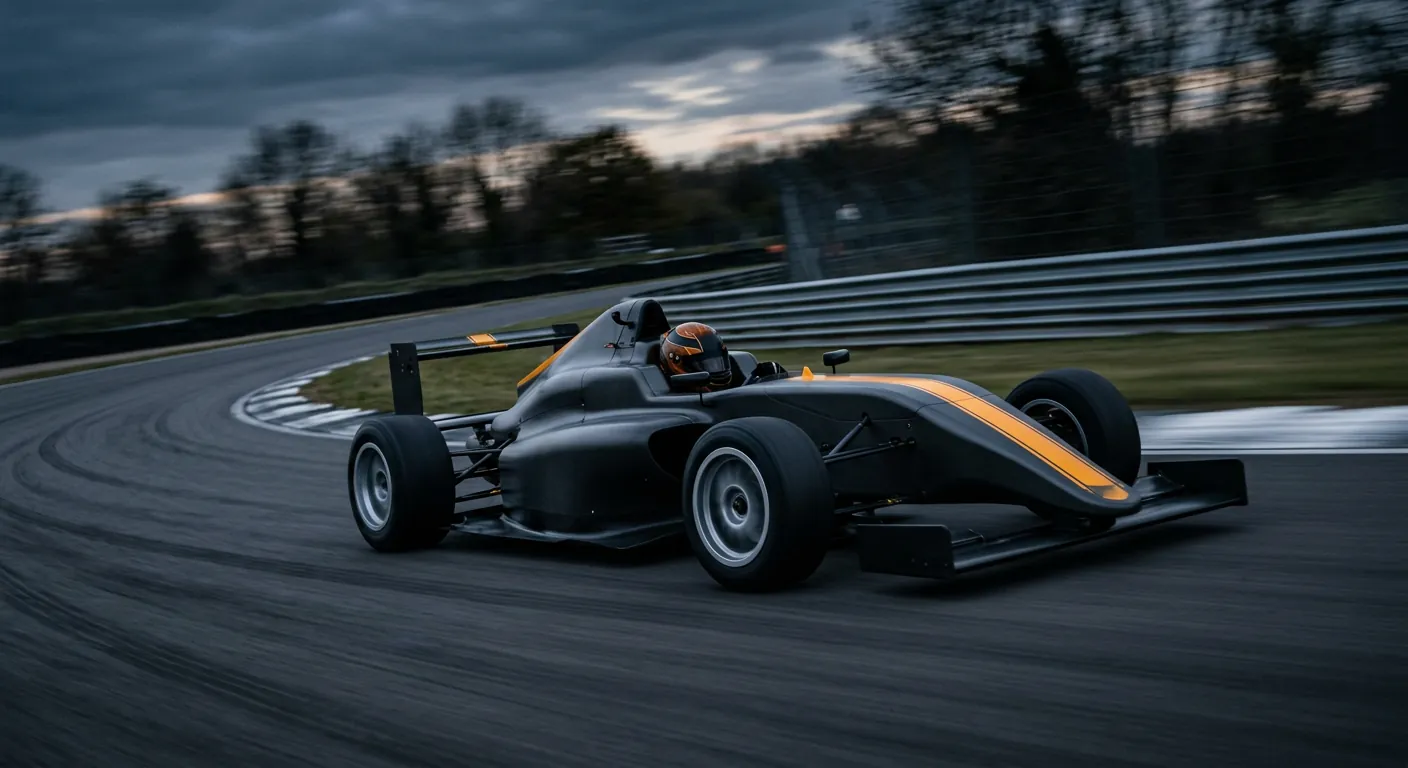 Charcoal open-wheel race car with an amber stripe cornering at dusk