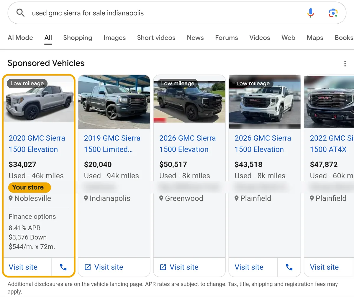 Google search for a used GMC Sierra in Indianapolis showing sponsored vehicle listing ads, with the first card highlighted as your store