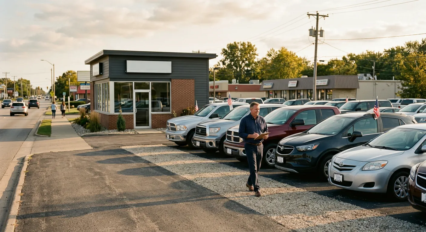 Independent used car lot with the owner walking the rows